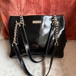 Kate Spade Black Patent Leather Shoulder Tote with Gold Chain Straps